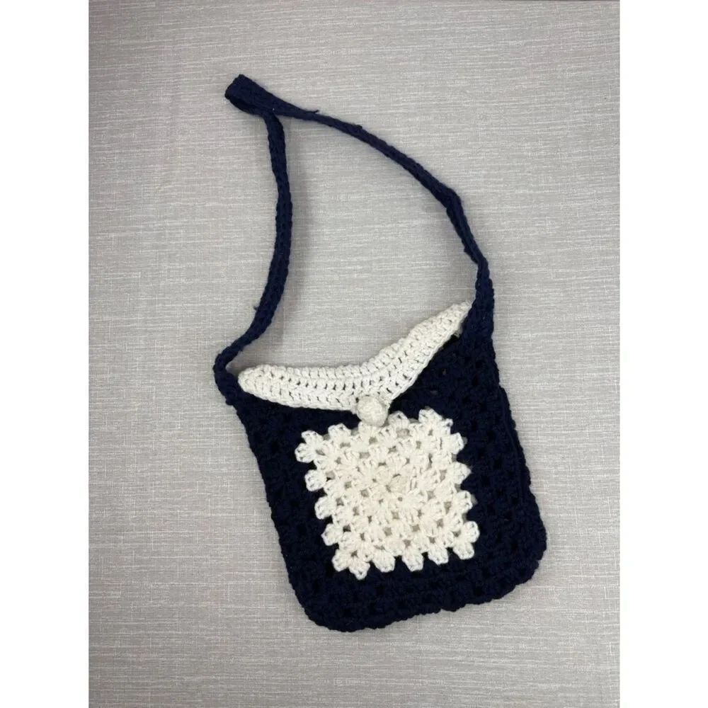 Hand Crocheted Navy and White Purse From 80s